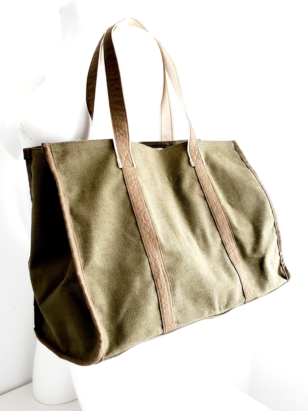 Indigo Olive Canvas Tote with Brown Trim